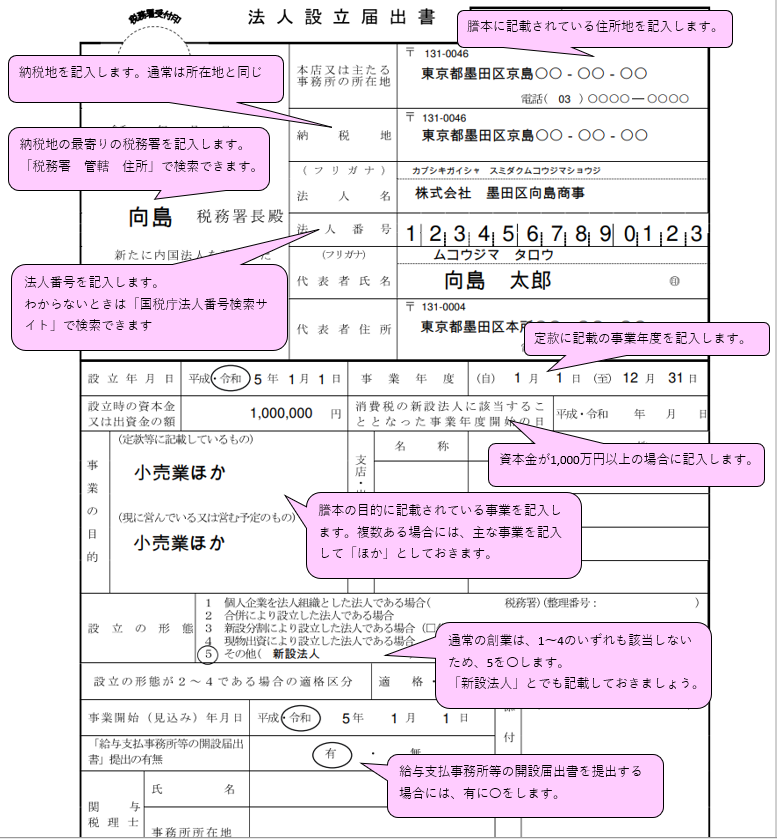 法人設立届出書の記入例