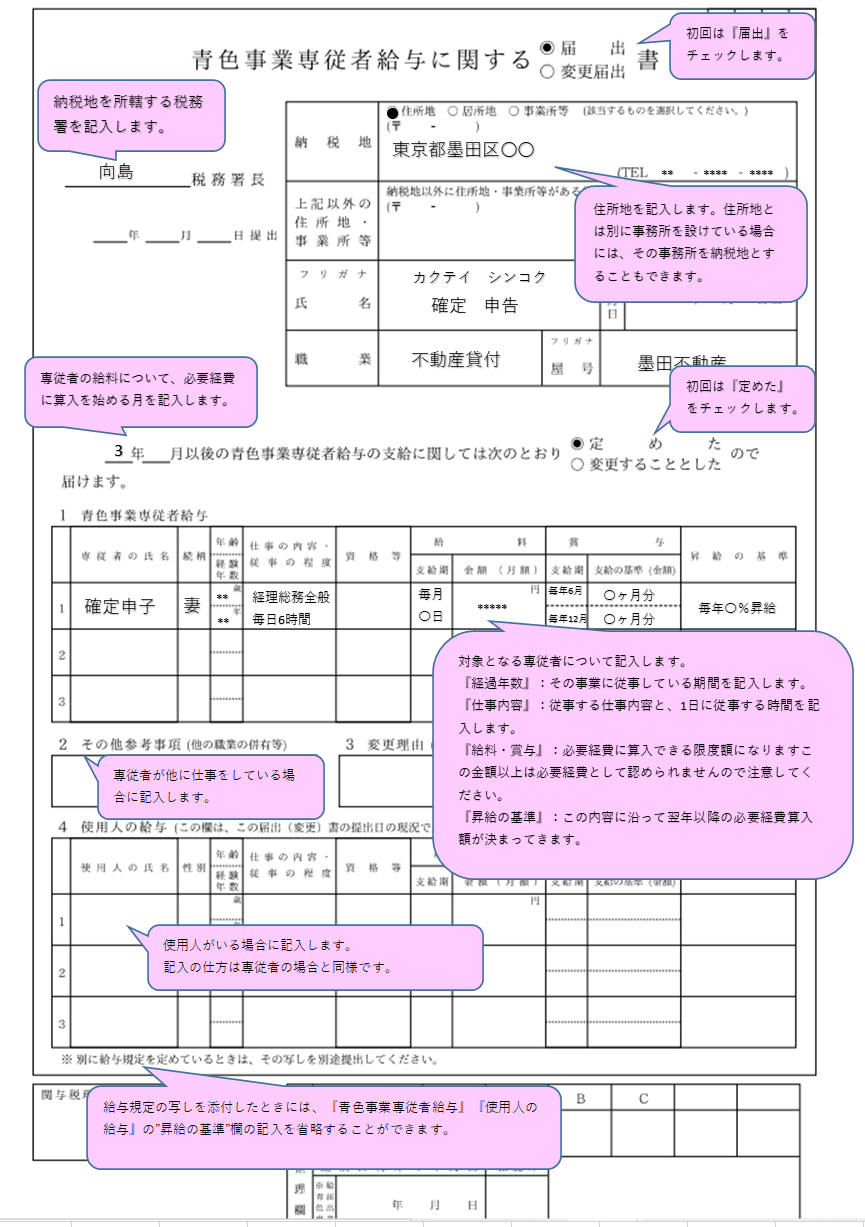 青色事業専従者給与に関する届出書の書き方