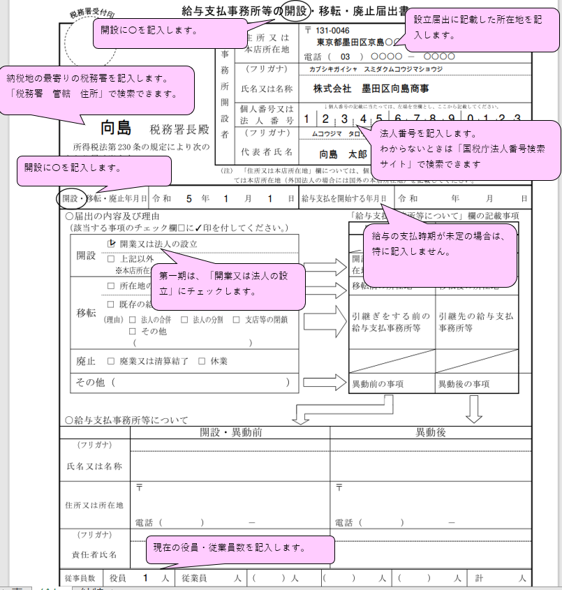 給与支払事務所等の開設・移転・廃止届出書の記入例